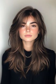 Long Slightly Layered Hair, Haircut Black Hair Medium, Layered Hair Around The Face, Long Shag With Face Framing Layers, Low Maintenance 70s Haircut, Long Layer Thick Hair, Lots Of Layers Medium Hair With Bangs, Haircut For Textured Hair, Haircuts For Round Oval Face Shape