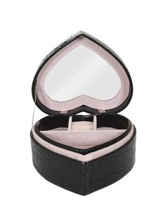 an empty black jewelry box with a mirror in the top and bottom section, on a white background