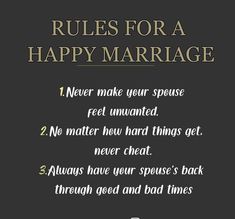 the rules for a happy marriage on a black background with gold lettering and an image of a