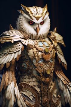 an owl statue is dressed in gold and silver