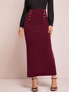 Burgundy Elegant   Polyester Plain Pencil Embellished Slight Stretch Spring/Summer/Fall Women Bottoms Maxi Pencil Skirt, Classy Skirts, Long Pencil Skirt, Bodycon Pencil Skirt, Pencil Skirt Outfits, Party Models, Women Bottoms, Paneled Skirt, Funky Outfits