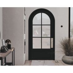 a black door is in front of a white wall with a potted plant next to it