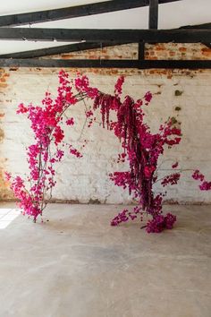 pink flowers are growing in the corner of a white room with exposed beams and brick walls