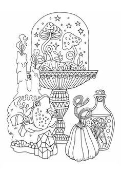 a black and white drawing of a vase with flowers in it next to other items