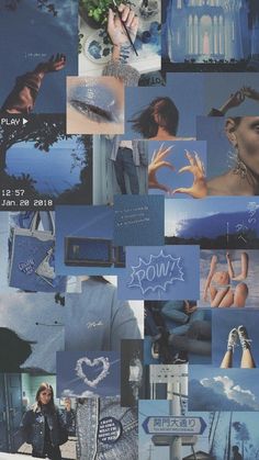 a collage of photos with words and pictures on the bottom right corner, in blue tones