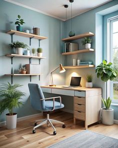 a home office with blue walls and wooden shelves, potted plants on the desk