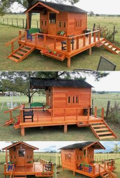 four different views of a small house with stairs and deckes on the outside, inside and out