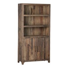 a wooden bookcase with two doors and drawers