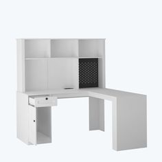 an office desk with a bookcase and file cabinet in white, viewed from the front