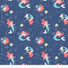 the little mermaids are swimming in the ocean together on this blue background with pink and green colors