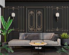 an elegant living room with black walls and gold trimmings on the door, couch, coffee table and potted plant