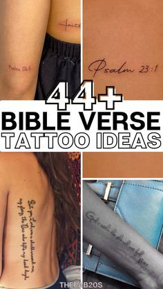 four different tattoos with the words bible verse written on them and below it are pictures of people