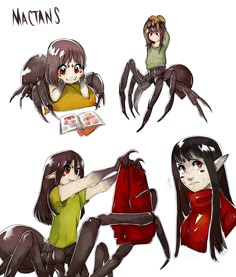 four different poses of an anime character with long hair and claws on her hands, holding a book