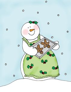 a snowman is holding a cookie sheet with a gingerbread on it and wearing a green dress