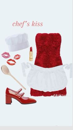 a woman's red and white outfit with accessories