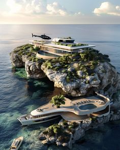 an aerial view of a house on top of a cliff in the middle of the ocean