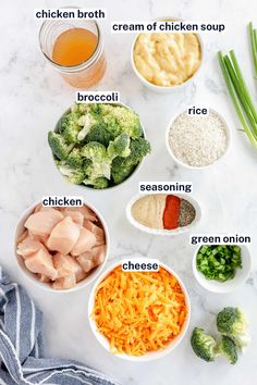 the ingredients to make broccoli chicken soup are shown in bowls on a marble countertop