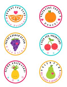 four stickers with different fruits on them