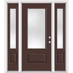 a brown door with glass panels and two sidelights on the top half of it