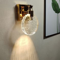 a light that is on the wall next to a plant in a vase and some lights