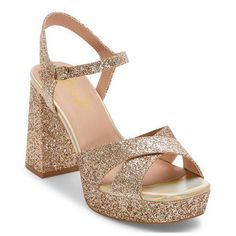 These Pop women's Cultured heeled sandals are a glam showstopping style for a special event. Featuring a gold-tone glitter base and strappy open-toe design, this pair has a high platform heel and an ankle strap closure. Wear them with a mini dress or skinny jeans and a satin cami.Features: GlitterClosure Type: BucklePlatform Shoe Height: 1 InchShoe Heel Height: 2 InchesUpper/Outer Base Material: 100% PolyesterShoe Lining Material: PolyurethaneSole Material Content: 60% Polyester, 40% Polyurethan Rose Gold Platform Heels, Wedding Shoes Wedges, Sandals Glitter, Wedge Wedding Shoes, Gold Platforms, Women Heels, Satin Cami, Wedding Heels, Prom Shoes