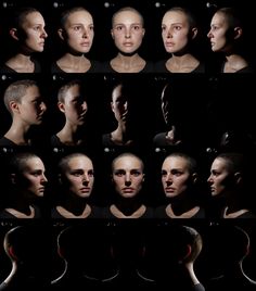 multiple images of people with different facial expressions and hair styles, all in black background