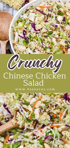 chicken and cabbage salad in a white bowl with a wooden spoon on the side that says crunchy chinese chicken salad