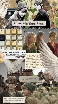 the collage has many different pictures and words on it, including an image of two people