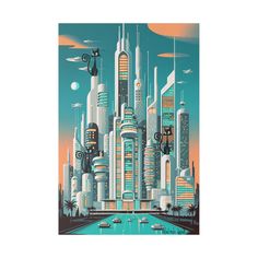 an art print of a futuristic city with skyscrapers and boats in the water at sunset