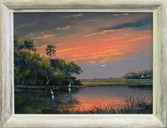 an oil painting of a sunset over a lake with birds flying in the sky and palm trees