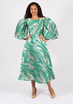 Diana 8749 1 piece Brocade Dress Colors: Green, Royal Sizes: 8, 10, 12, 14, 16, 18, 20, 22, 24 Green Long Dress With Fitted Bodice, Green Midi Dress With Fitted Bodice For Evening, Summer Party Maxi Puff Sleeve Dress, Green A-line Dress With Fitted Bodice, Spring Evening Knee-length Dress, Green Dress With Fitted Bodice For Casual Occasions, Green Midi Evening Dress, Green Dress With Fitted Bodice For Casual Wear, Green Maxi Dress With Fitted Bodice