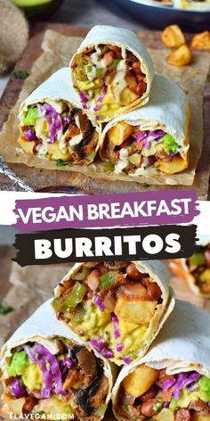 two burritos cut in half and stacked on top of each other with the words vegan breakfast burritos