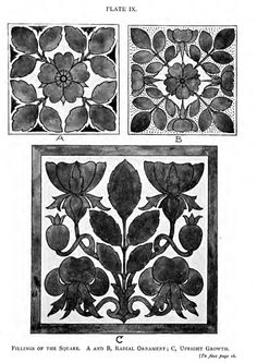 three different types of flower designs in black and white, with the same type of flowers on