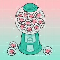 a drawing of a gummy machine with pink flowers in it