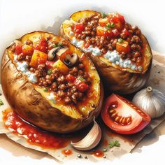 two baked potatoes with meat and vegetables in them