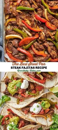 steak fajita recipe with peppers and onions in tortillas shells on a sheet pan