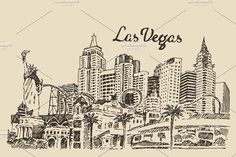 Las Vegas skyline Sunrise Drawing, Las Vegas Map, Doodle Wall, Bellagio Las Vegas, Architecture Vintage, Vegas Theme