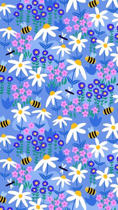 a blue background with flowers and bees