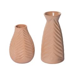 two brown vases sitting next to each other on a white background