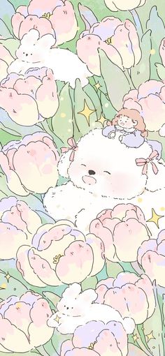 a drawing of a teddy bear surrounded by pink and white flowers on a green background