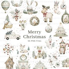 merry christmas watercolor clipart set with animals, trees and other holiday decorations on white background