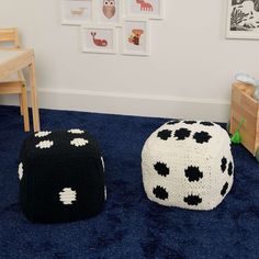 two black and white poufles on blue carpet in children's room