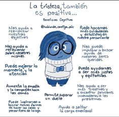 a blue cartoon character with glasses on it's face and words written in spanish