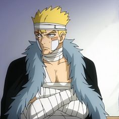 an anime character with bandages on his face and chest, sitting in front of a table