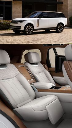 the inside and outside view of a white suv with tan leather seats in front of a building