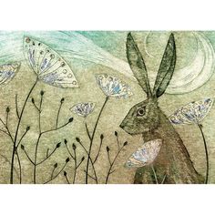 a drawing of a rabbit surrounded by flowers and butterflies