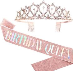 a tiara and ribbon with the words birthday girl written on it in pink glitter