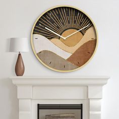 a living room with a fireplace and a large clock on the wall above it's mantle