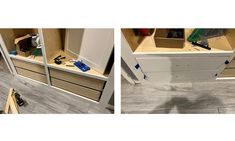 two pictures of drawers with tools in them on the floor next to an open drawer