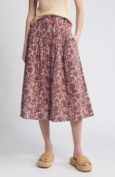 Crisp pintucks accent this A-line midi skirt covered in delightful blooms. 33" length (size 40fr) Front button closure Side-seam pockets 100% cotton Machine wash, dry flat Imported Button Front Midi Skirt, Cap Sleeve Sweater, Print Midi Skirt, Marine Layer, Printed Midi Skirt, Knit Wrap, Midi Length Skirts, Rose Print, Beautiful Fabric